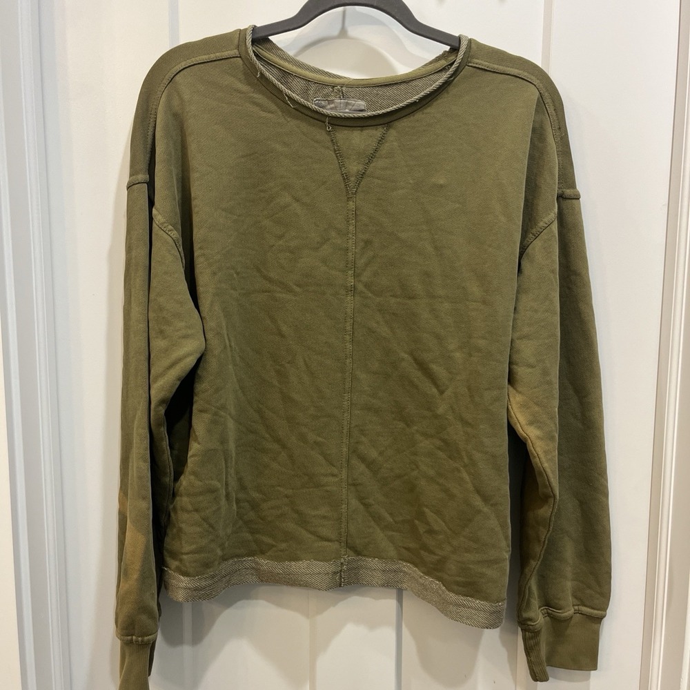 C&C California Terry Cloth Khaki Green V-Stitch Raw Edge Crewneck Sweater Size L